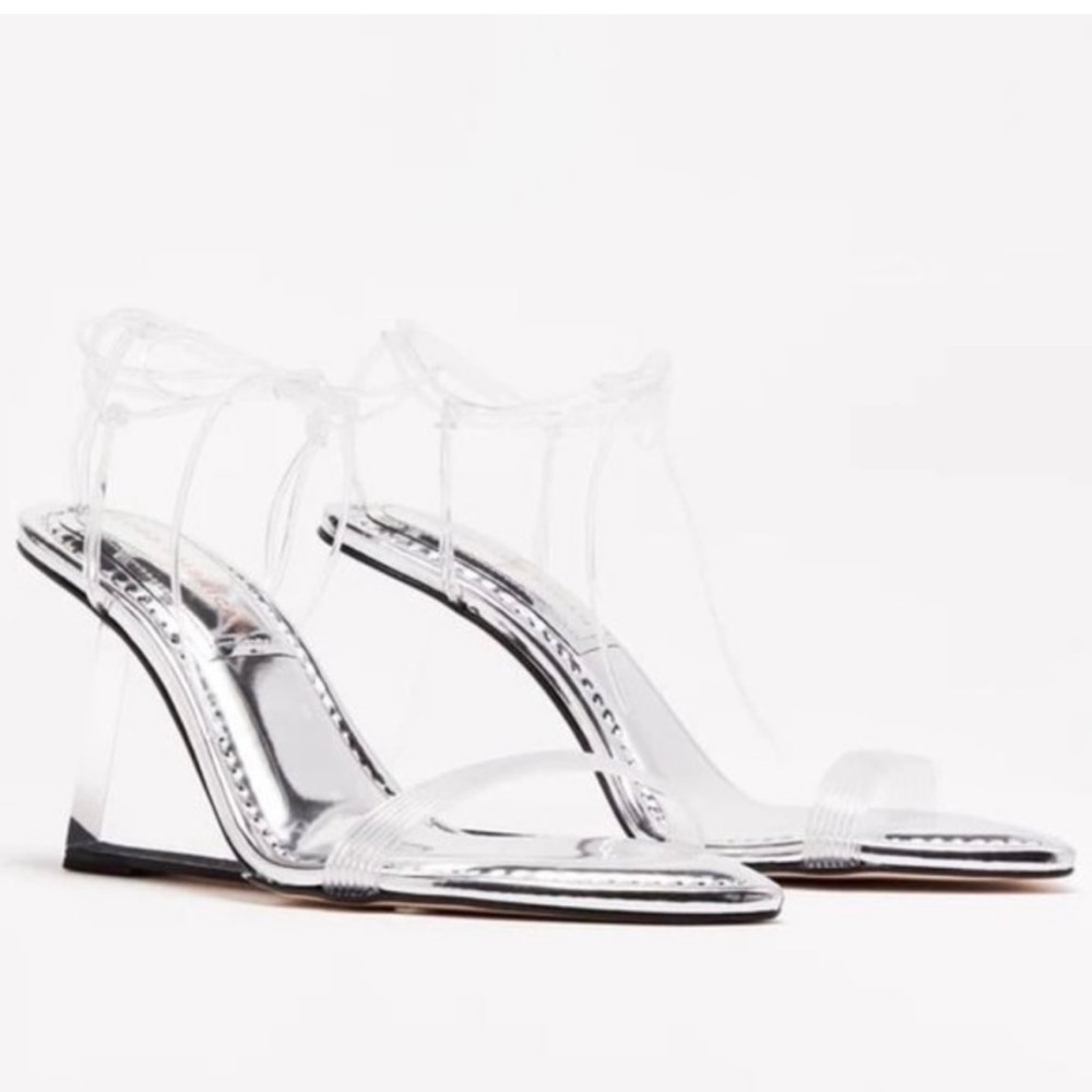 Clear Lucite Strap Women’s High Heel Sandals - Silver Accent